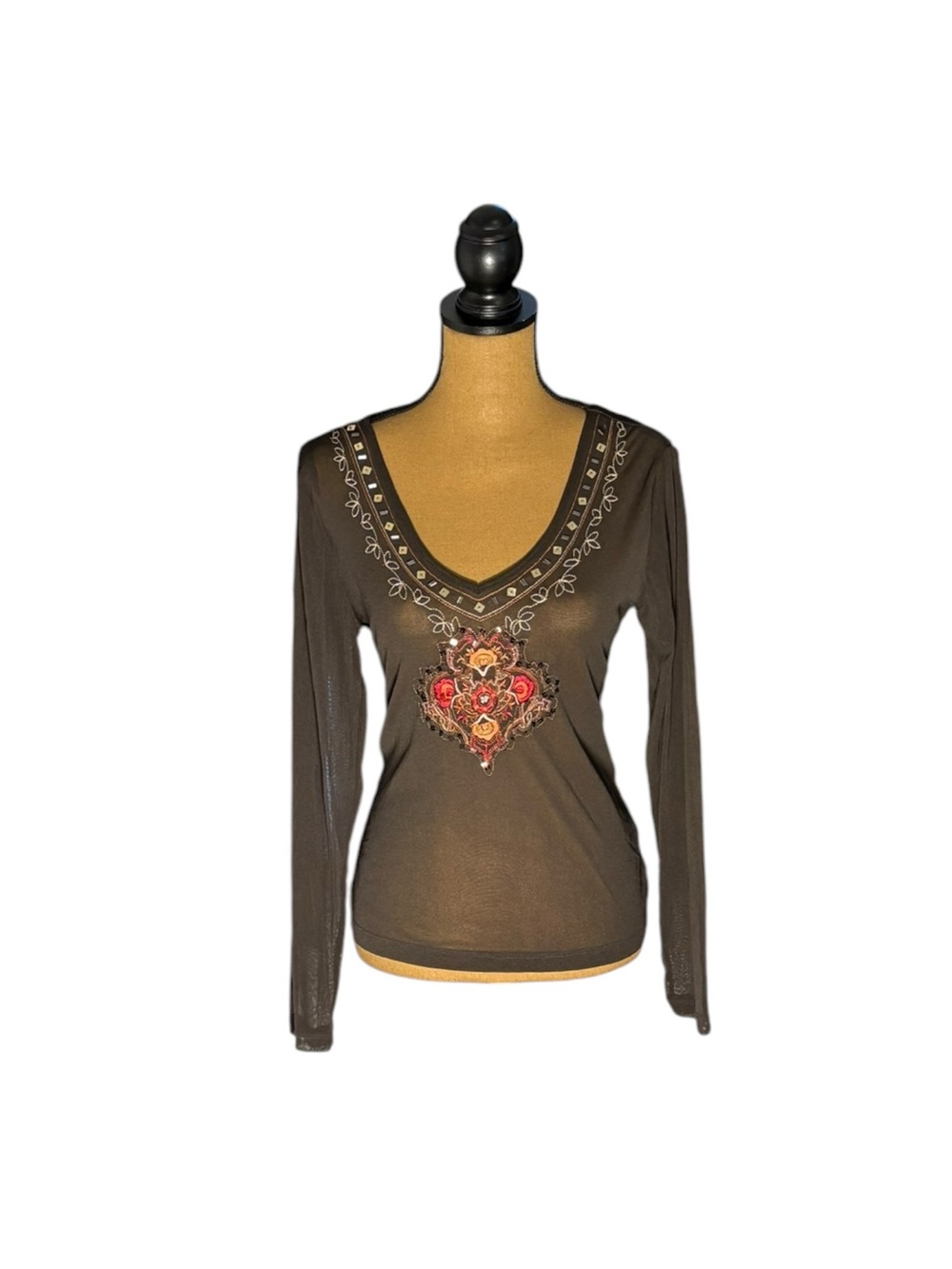New York & Company Brown V-Neck Long Sleeve Top with Floral Embroidery